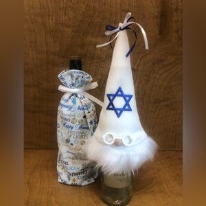 Gnome Gift Bag Bottle Topper Blue Happy Hanukkah Celebrate Jewish Gift Wine Bow